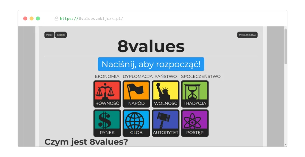 8values: zrzut ekranu testu