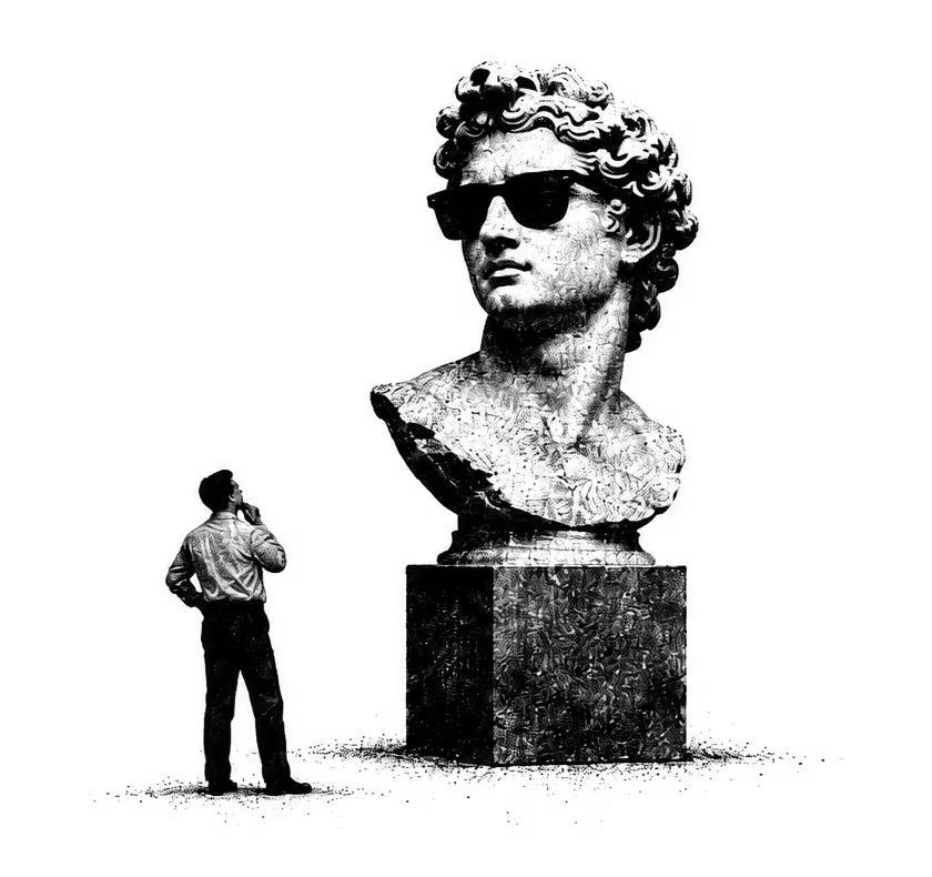 A man looking at a giant classical bust wearing sunglasses