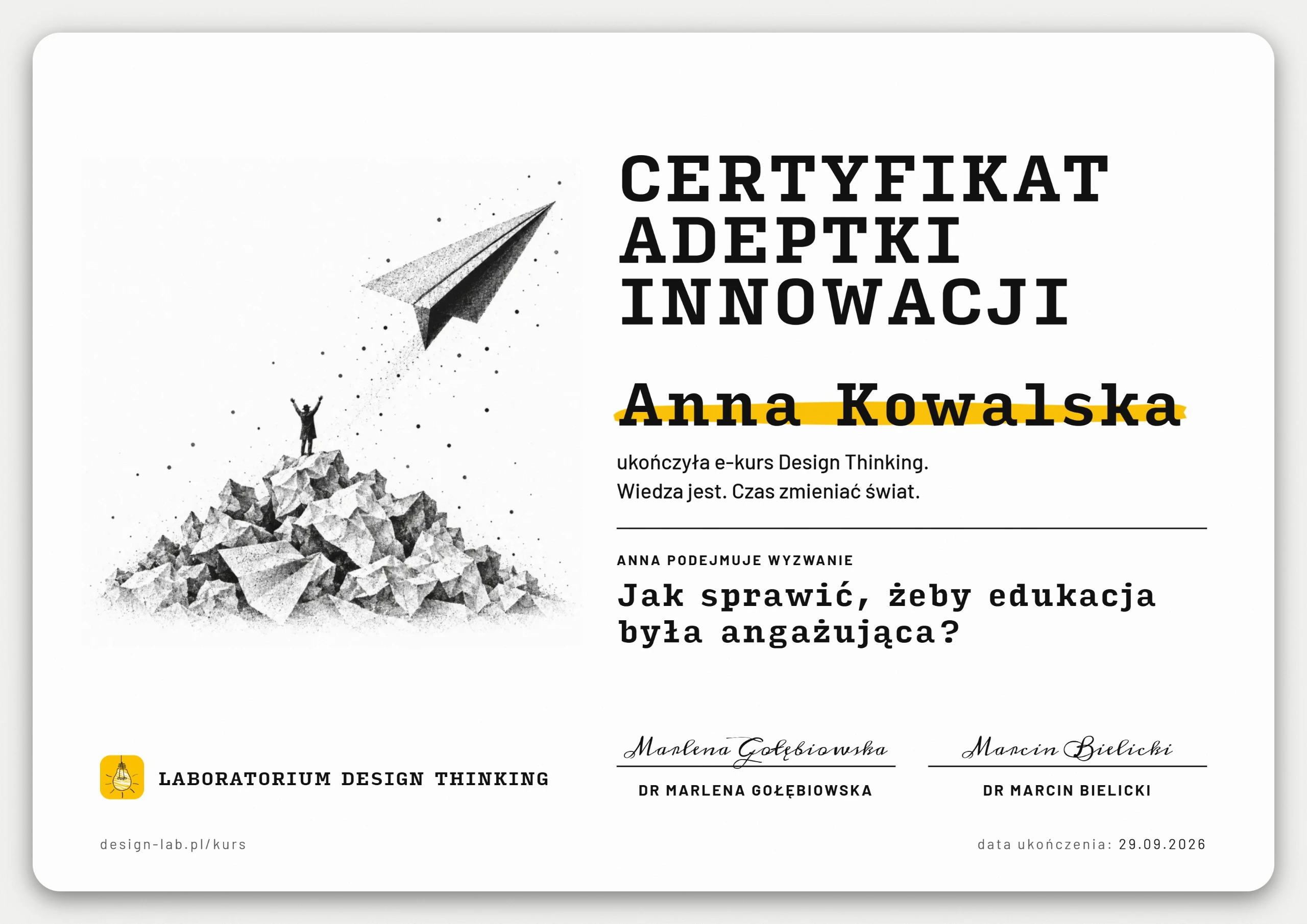 Przykładowy Certyfikat Adeptki Innowacji