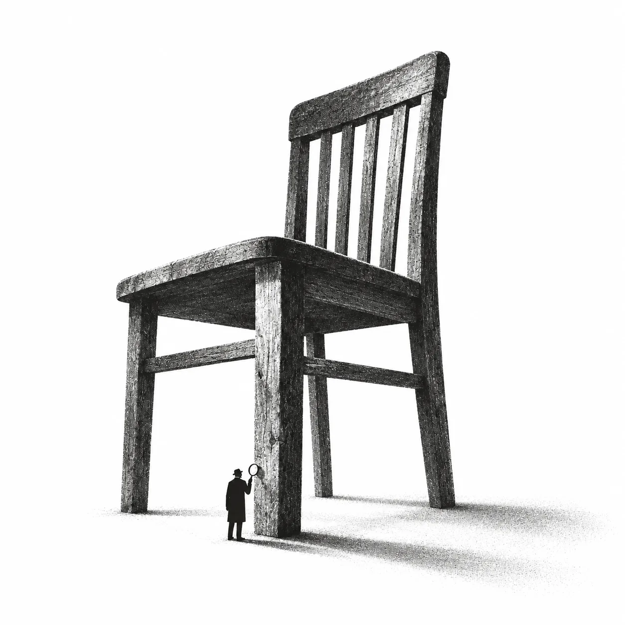 A giant wooden chair and a small person with a magnifying glass examining its leg