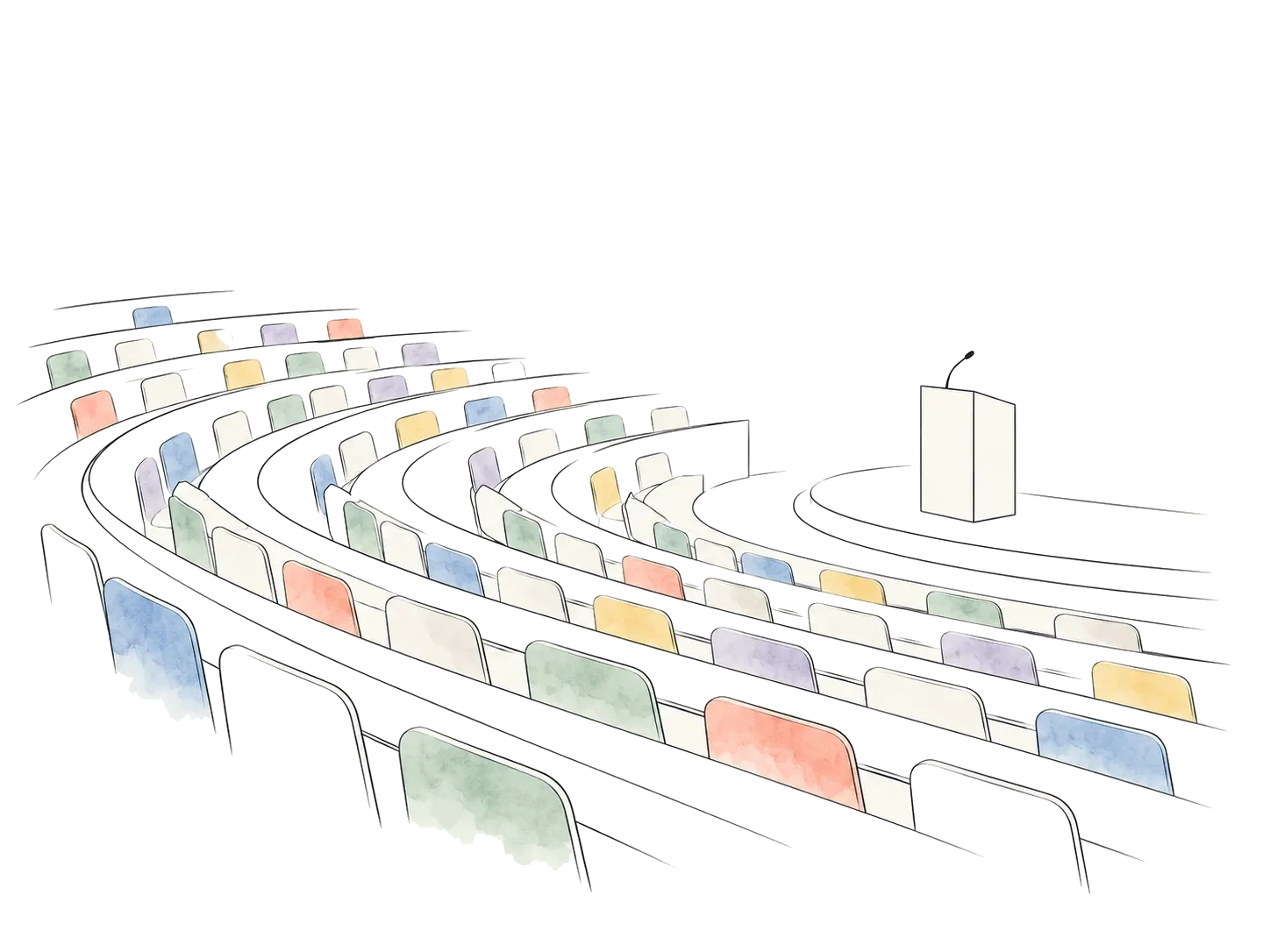Ilustracja: sala wykładowa z rzędami ławek