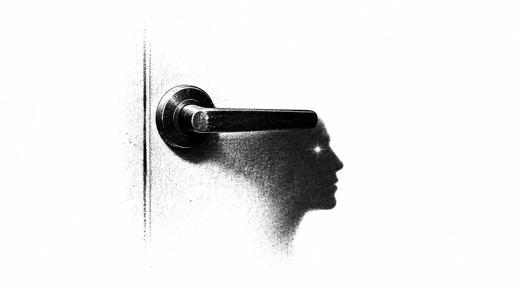Black-and-white illustration: a door handle and the profile of a human head, people at the centre of design
