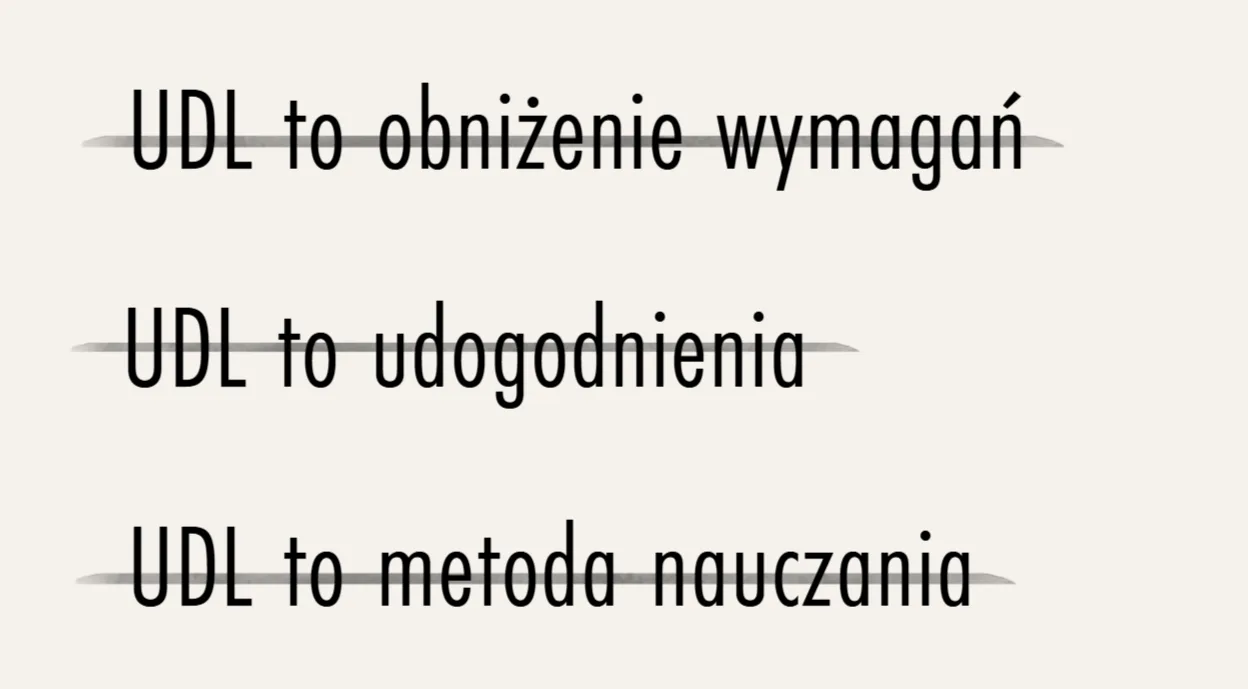 Trzy przekreślone zdania: UDL to obniżenie wymagań, UDL to udogodnienia, UDL to metoda nauczania